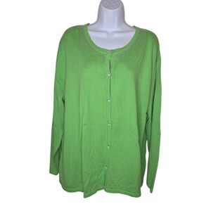 Quacker Factory Women 2X Lime Green Rhinestone Sparkle & Shine Cardigan Sweater
